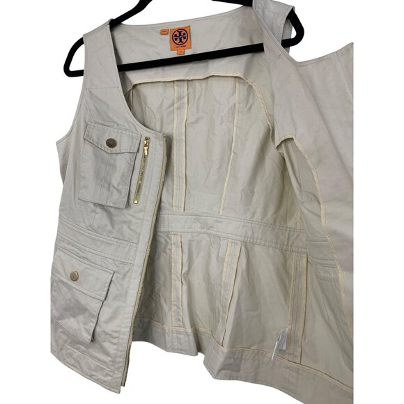 14 Tory Burch Womens Jason Utility Vest With Gold Zipper & Snap Safari EUC - Picture 3 of 8